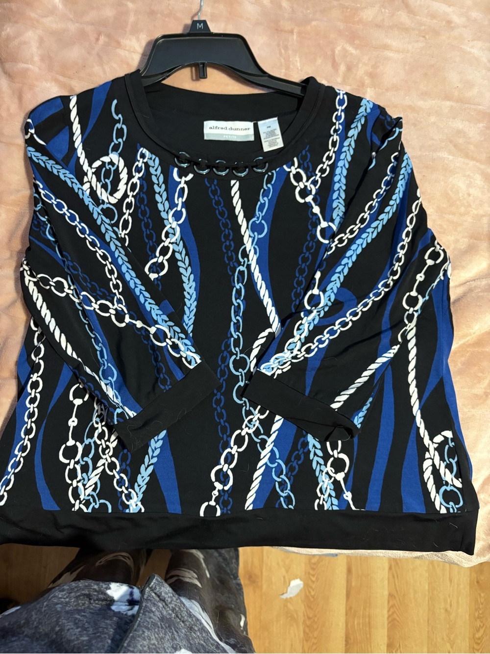 Alfred Dunner Black Top with Blue & White Chain Motif